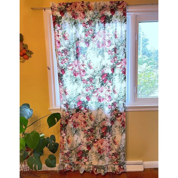 Vintage 80s curtain, pink green cabbage roses, ruffled bottom, long single panel - Picture 2 of 10